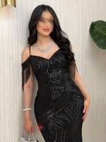 فستان سهرة ماسك استرتش ترتر مزين بالخرز عالكتف