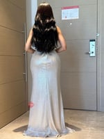 فستان سهرة طويل ون شولدر لامع مزين بالكريستال