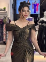 فستان سهرة طويل ناعم اوف شولدر لامع بتصميم مميز