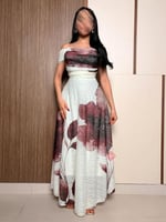 فستان ناعم أوف شولدر مزين بالورود والفصوص اللامعه