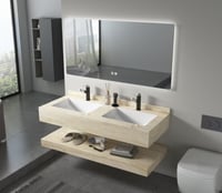 مغسلة رخامية مودرن بحوضين مع مرآة LED وتخزين فاخر