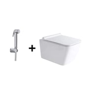 طقم مرحاض جداري أبيض مربع مع شطاف فاخر