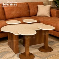 طقم طاولات خدمة عضوي سطح بيج رخامي وقاعدة خشب 5 قط...