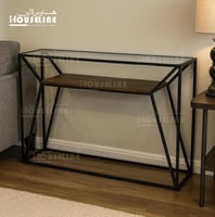 طاولة مدخل بتصميم هندسي زجاج ورف خشبي بني غامق