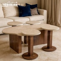 طقم طاولات خدمة عضوي سطح بيج رخامي وقاعدة خشب بني...