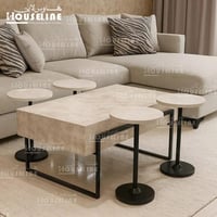 طقم طاولات خدمة دائرية سطح بيج رخامي وقاعدة حديد 5...