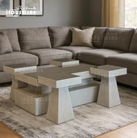 طقم طاولات وسط وخدمة تصميم هندسي بلون بيج 5 قطع