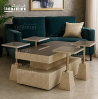 طقم طاولات خدمة 5 قطع بيج فاتح ذهبي بتصميم عصري را...