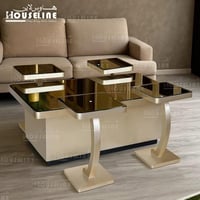 طقم طاولات خدمة مربعة 5 قطع بسطح زجاجي