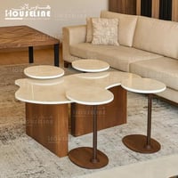 طقم طاولات خدمة دائرية سطح بيج بديل رخام وقاعدة خش...