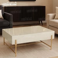 طاولة وسط مستطيلة سطح بيج رخامي وقاعدة معدنية ذهبي...