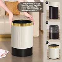 سلة مهملات دائرية بلاستيك ابيض مقلم باطار ستيل ذهب...