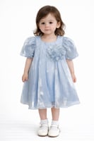 فستان بناتي وردي لامع بتفاصيل زهرة بارزة وأكمام شف...