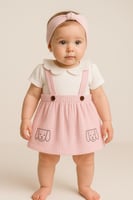 طقم بناتي ناعم بتنورة بحمالات وجيوب برسمة كرتونية