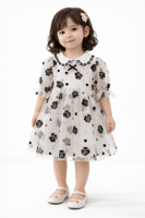 فستان بناتي فاخر بتطريز ورود سوداء وياقة دانتيل أن...