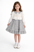 فستان بناتي رمادي أنيق بطبقات كشكش وياقة ناعمة