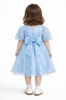 فستان بناتي وردي لامع بتفاصيل زهرة بارزة وأكمام شف...