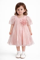 فستان بناتي وردي لامع بتفاصيل زهرة بارزة وأكمام شف...