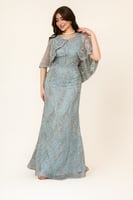 فستان سهرة أزرق مطرز بكاب شيفون أنيق