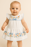 فستان بناتي أبيض مطرز بأزهار ملوّنة وبفيونكة رقيقة