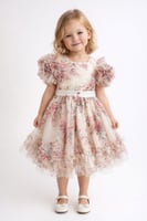 فستان بناتي منفوش بطبعات ورود وأكمام كشكش فاخرة