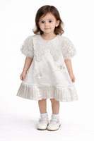 فستان بناتي ناعم بلون سكري بتفاصيل ورود بارزة وأكم...