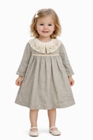 فستان بناتي رمادي أنيق بياقة دانتيل فاخرة وتصميم ك...