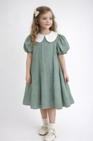 فستان بناتي أخضر زيتي بياقة بيضاء وأكمام منفوخة أن...