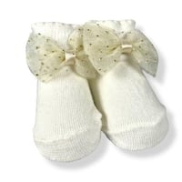 جوارب مواليد أنيقة بلون أبيض مزينة بفيونكة شبكية ل...