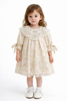 فستان بناتي كريمي بطبعات ورد وياقة مطرزة فاخرة