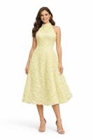 فستان سهرة دانتيل ثلاثي الأبعاد باللون الأصفر