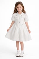 فستان بناتي أبيض كلاسيكي بأزرار أمامية وتفاصيل دان...