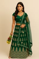 طقم هندي تقليدي أخضر بتطريز ذهبي فاخر