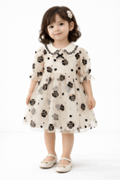 فستان بناتي فاخر بتطريز ورود سوداء وياقة دانتيل أن...