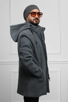 معطف رجالي شتوي طويل مزود بقبعة وجيوب