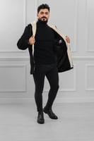 معطف رجالي شتوي بمظهر صوف مبطن بالفرو مزود بجيوب