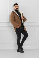 معطف رجالي شتوي بمظهر صوف مبطن بالفرو مزود بجيوب