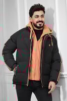 جاكيت رجالي شتوي منفوخ ومبطن بقبعة قطنية وخطوط على...
