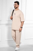 طقم رجالي صيفي كاجوال اوفر سايز بنطال طويل بطبعة ع...