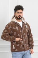 جاكيت رجالي شتوي فرو بقبعة بلون بيج وأكمام مزمومة