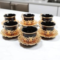 طقم تقديم قهوة سوداء لشخصين مع تفاصيل حجرية وصينية...