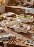 طقم صواني فرن بورسلان مستطيلة 3 قطع مع حامل شمع وغ...