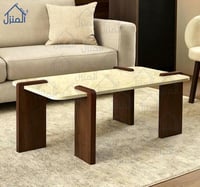 طاولة قهوة مستطيلة سطح بديل حجر وقاعدة خشب بتصميم...