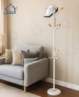 شماعة ملابس أرضية معدنية بمقابض خشبية – أبيض وبني...