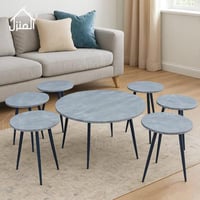 طقم 7 طاولات قهوة سطح خشب دائري لون رصاصي