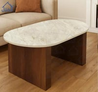 طاولة قهوة بيضاوية سطح بديل رخام وقاعدة خشب أنيقة