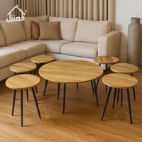 طقم 7 طاولات قهوة سطح خشب دائري لون بيج