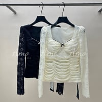 بلوزة أكمام طويلة قماش دانتيل مبطن ناعم مخصرة بطيا...