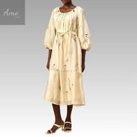 فستان ميدي خامة كتان مشجرة مزخرف ب حبات اللولوء ب...