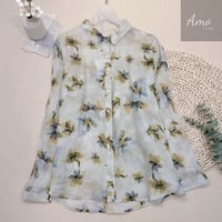 بلوزة مشجرة خامة لينن صيفي كم طويل مقاسها واسع بار...